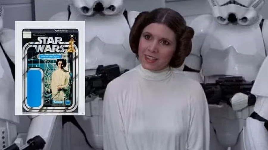 Embalagem da boneca da Princesa Leia, em leilão