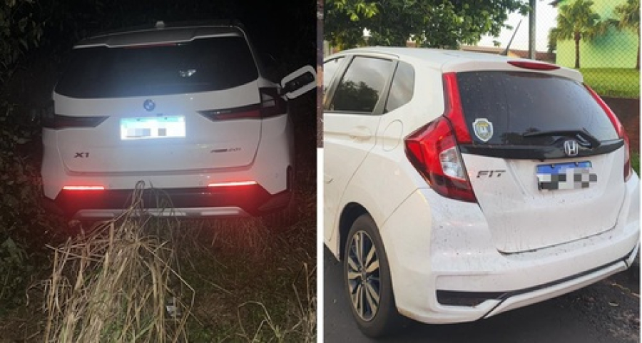 Polícia recupera carros roubados em área de mata.  