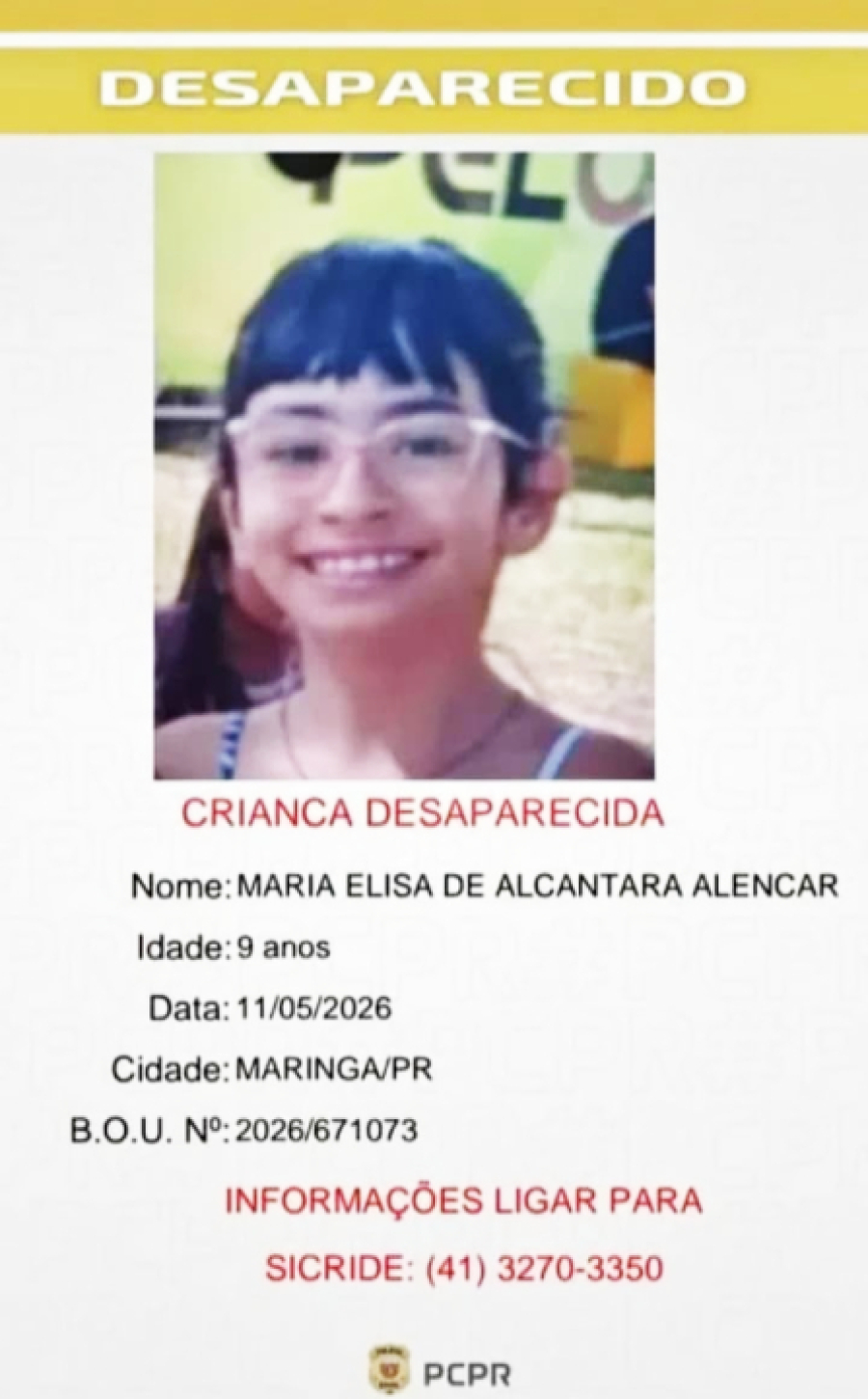 PC mobiliza buscas por menina de 9 anos, desaparecida em Maringá.