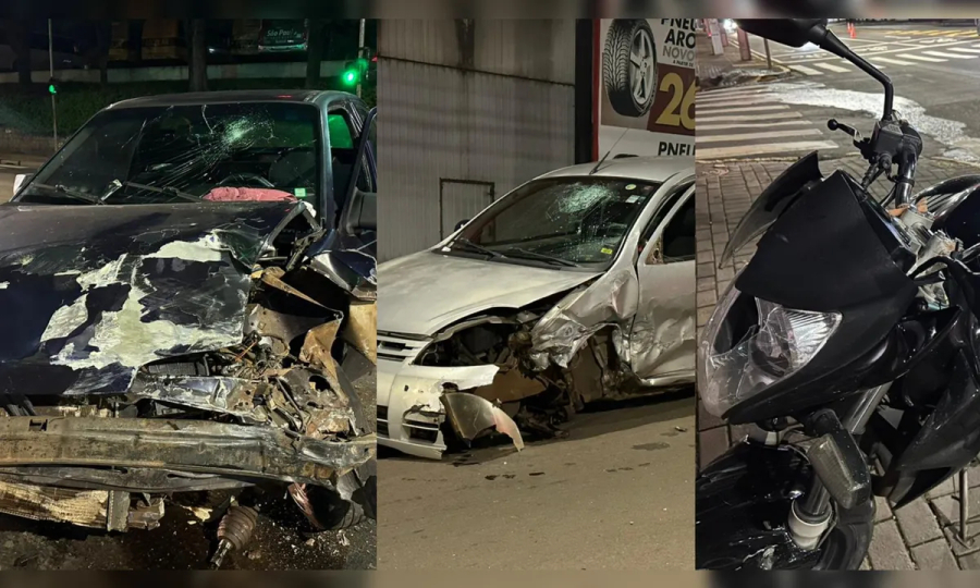 Batida entre carros e uma moto deixa feridos.