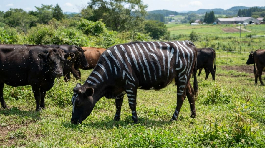 Cientistas pintaram vacas com listras brancas. 