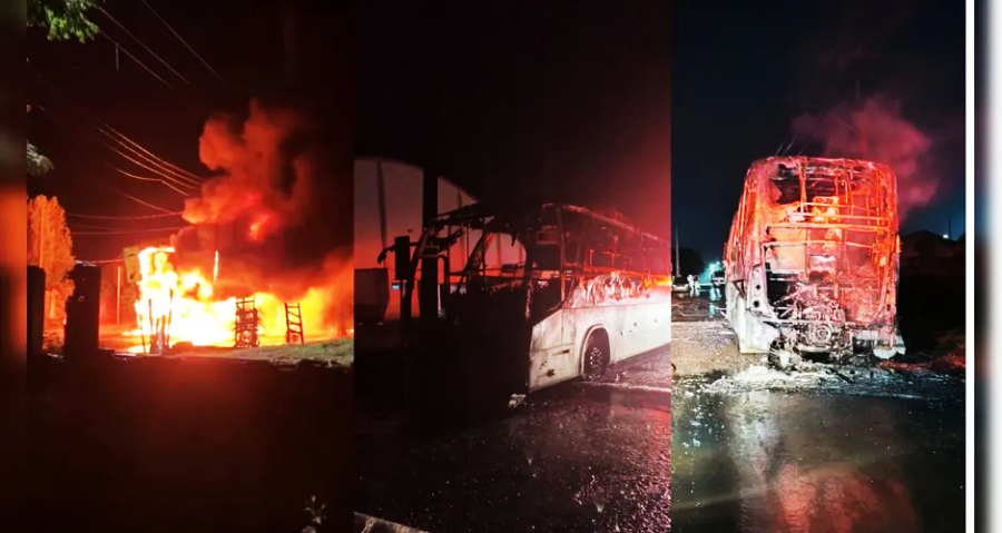 Incêndio destrói ônibus no centro de Bom Sucesso