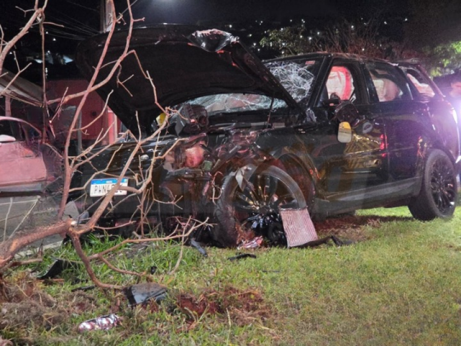 Range Rover atinge carro derruba árvore e capota.