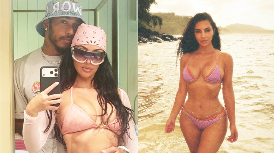 Kim Kardashian mostra férias com Lewis Hamilton.