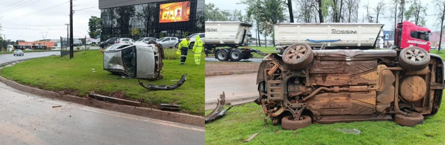 Dois veículos saem da pista na mesma curva.