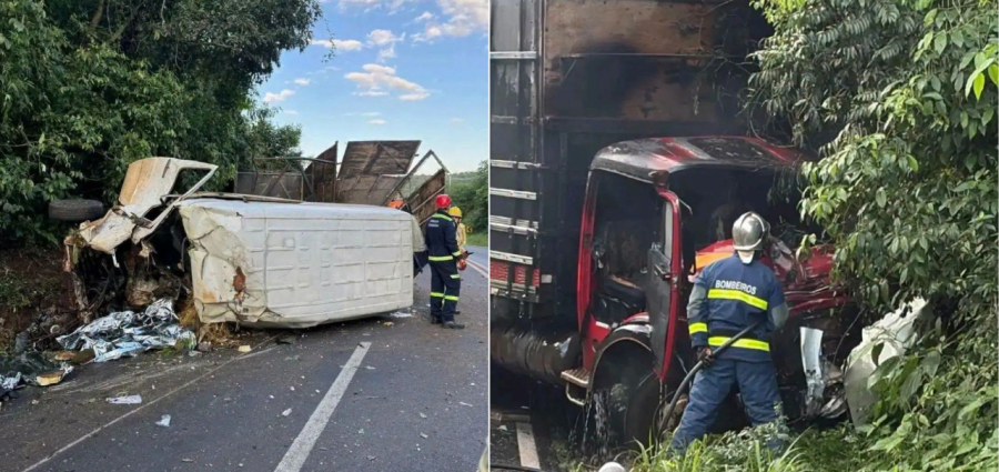 Colisão entre van e caminhão deixa dois mortos.