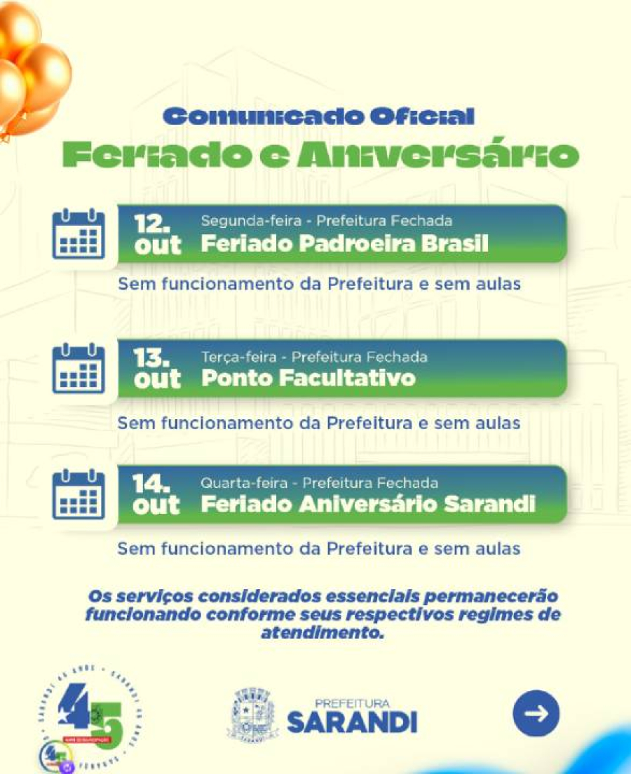 Prefeitura de Sarandi muda funcionamento nos próximos dias. 